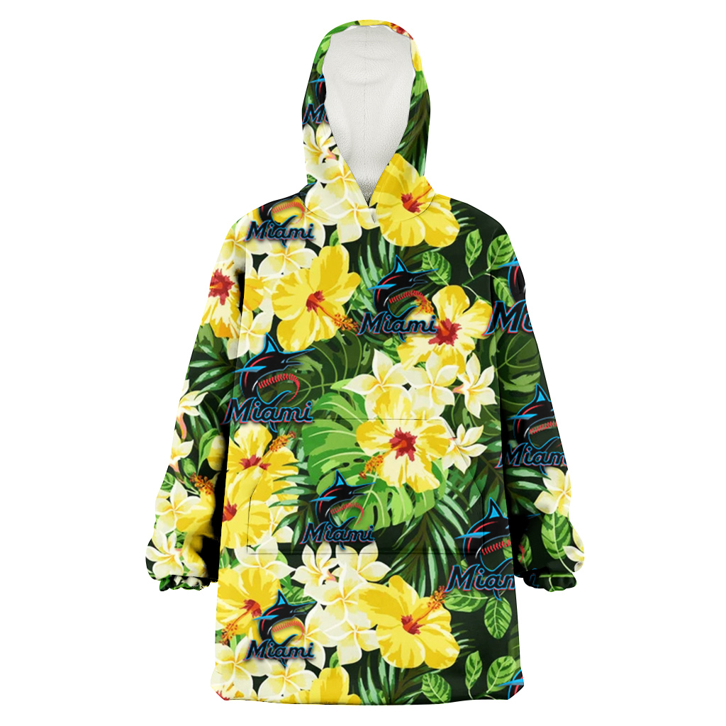 Miami Marlins Yellow Hibiscus Tropical Green Leaf Black Background 3D Printed Hoodie Blanket Snug Hoodie