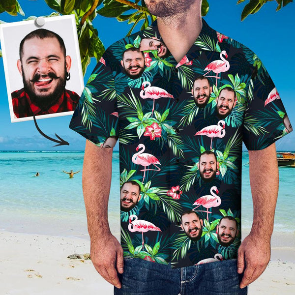 Custom Upload Image Face Flamingo And Leaf Pattern Hawaiian Shirt, Shirt For Men Hot Family