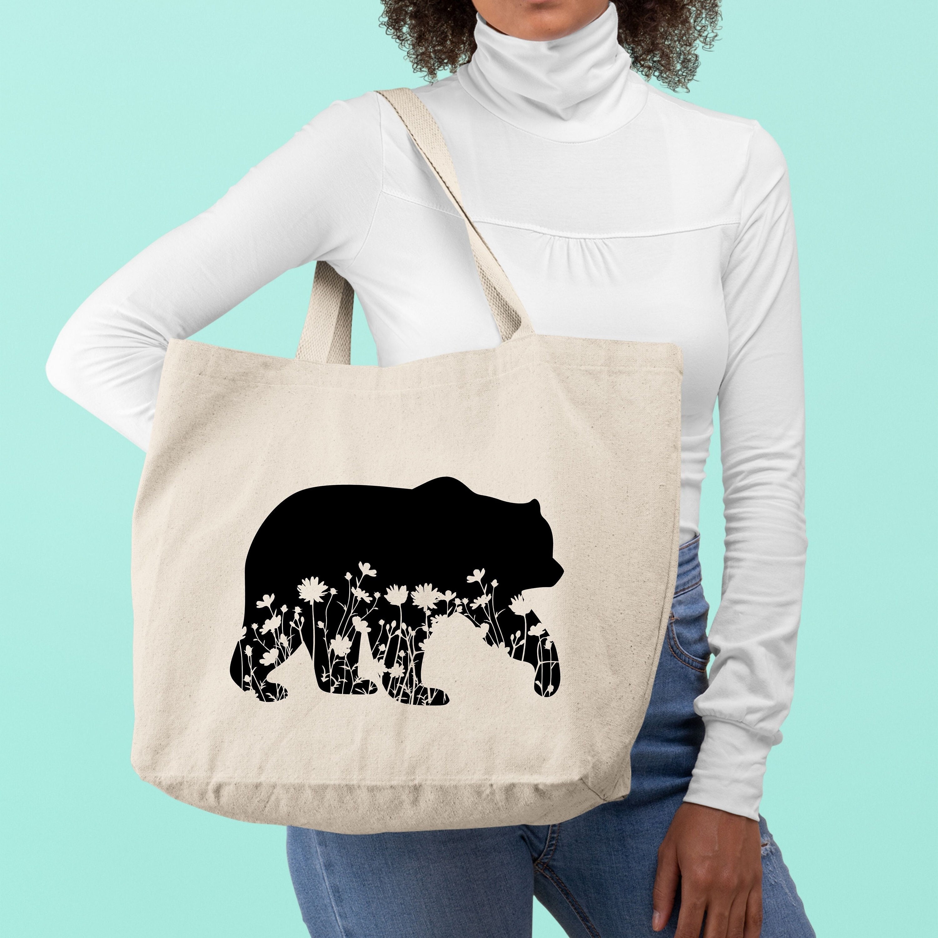 Floral Bear Tote Bag, Funny Bear Tote Bag, Unique Gift for Bear Lovers, Canvas Tote Bag, Teacher Tote Bag, School Bag, Women Shoulder Bag