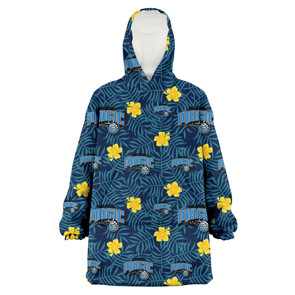 Orlando Magic Yellow Hibiscus Cadet Blue Leaf Navy Background 3D Printed Hoodie Blanket Snug Hoodie