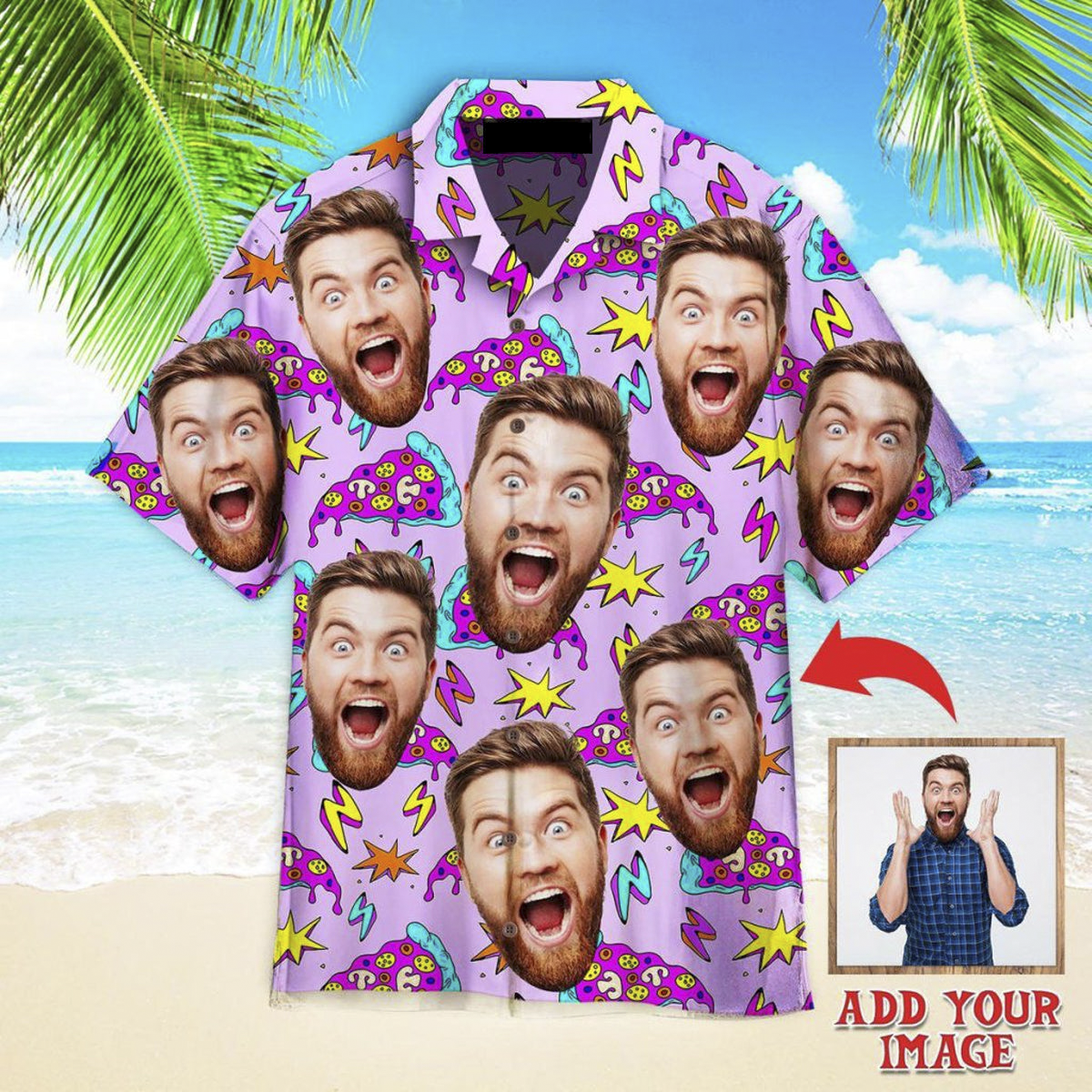 Funny Custom Face Pizza Slices Strikes Custom Hawaiian Shirt, Personalized Hawaiian Shirts, Custom Photo Hawaiian Shirt