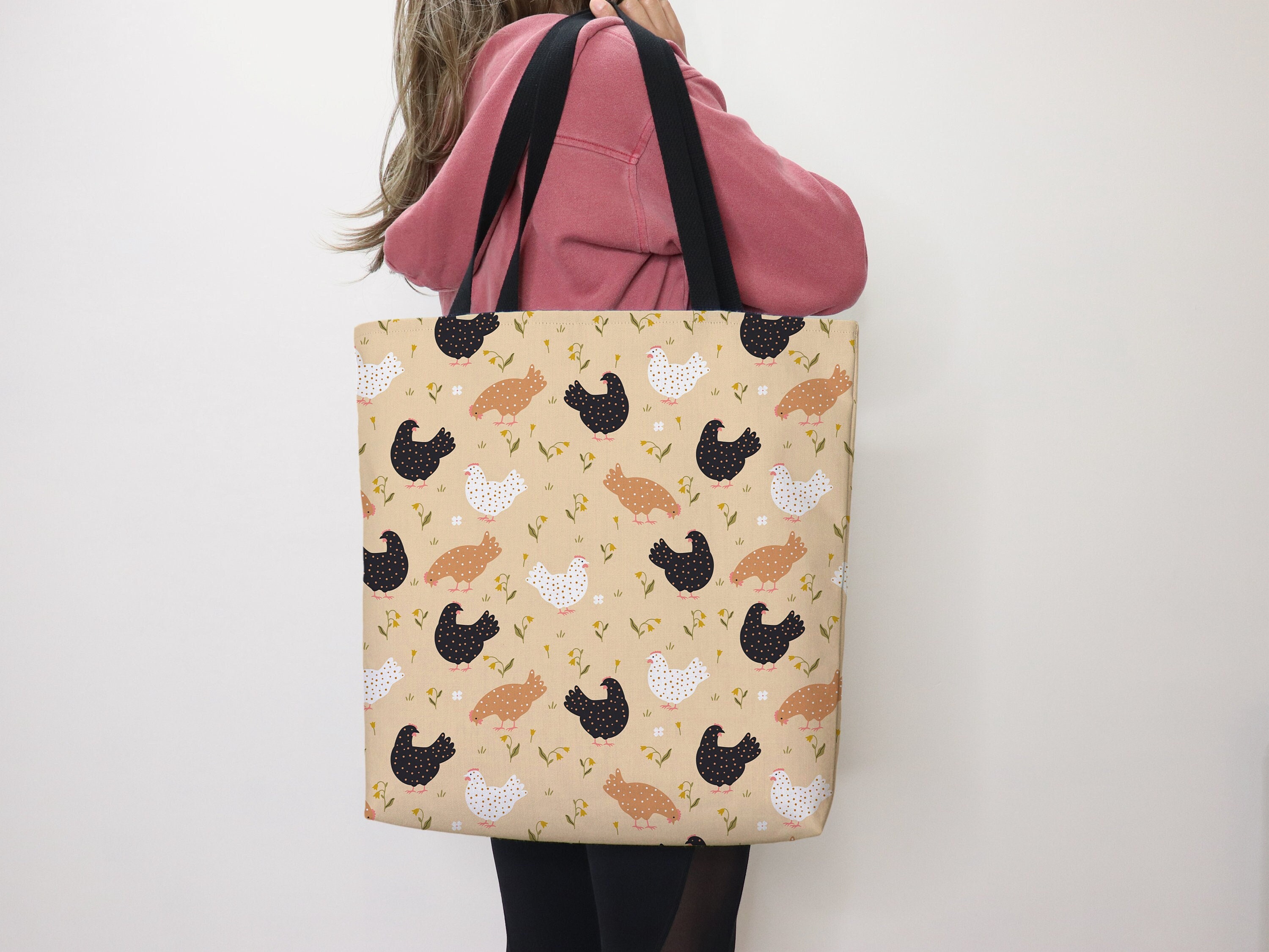 Chicken Tote Bag Chickens Bag School Tote Hen Owner Gift Cute Bag Rustic Farm Chicken Dot Tote Grocery Bag Farm Rustic Work Tote Canvas Tan