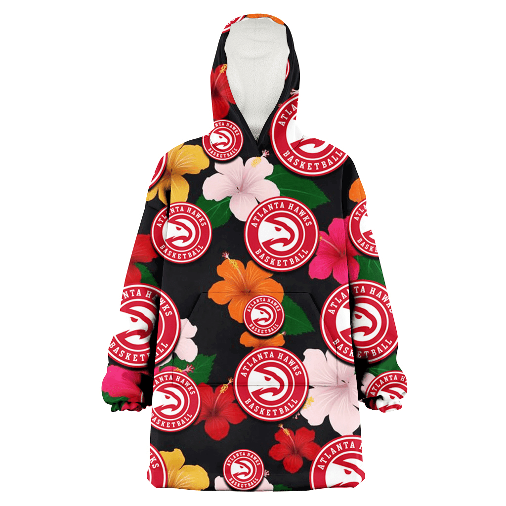 Atlanta Hawks Pink Orange Yellow White Hibiscus Black Background 3D Printed Hoodie Blanket Snug Hoodie