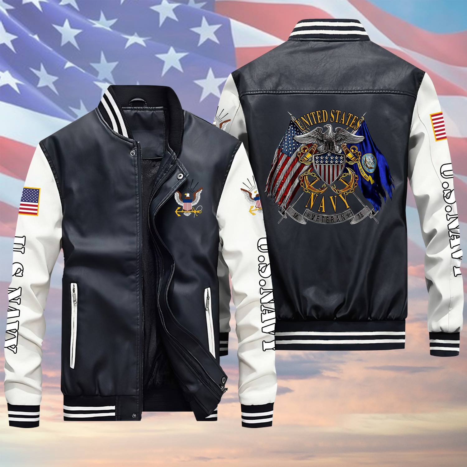 U.S Navy Veteran Proud American Flag Proud Black Winter Gear Leather Bomber Leterman Varsity Jacket