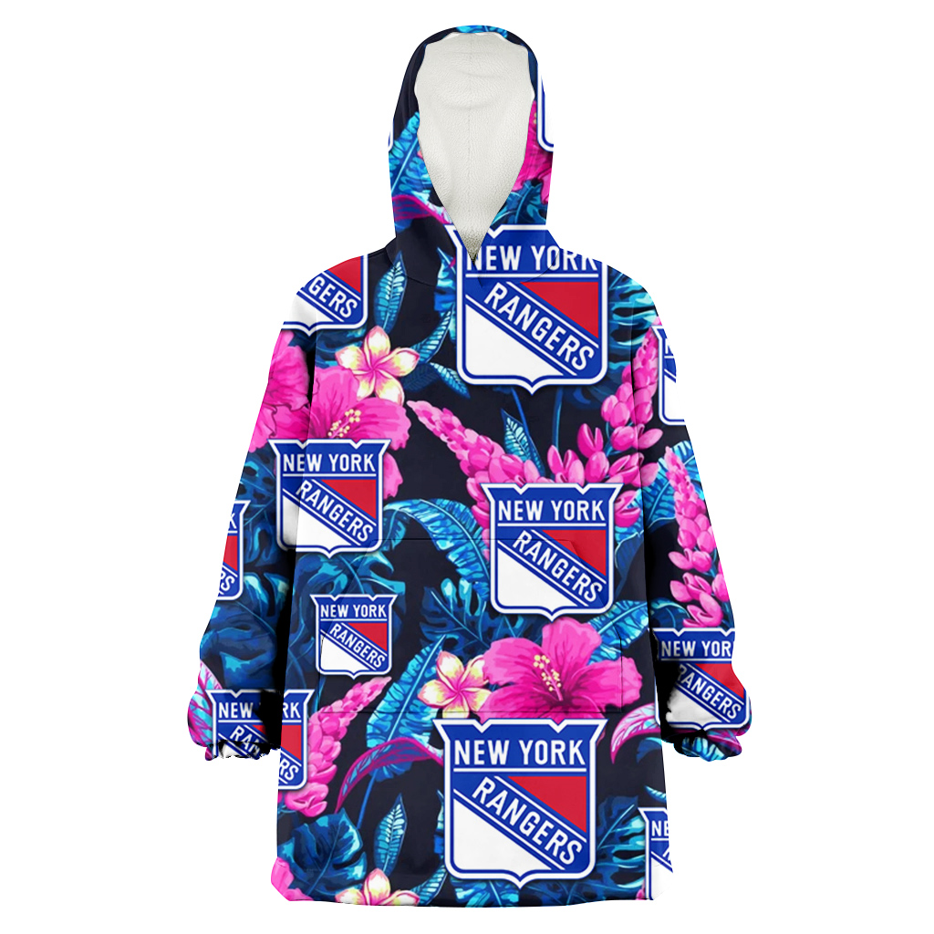 New York Rangers Violet Red Hibiscus Blue Leaf Black Background 3D Printed Hoodie Blanket Snug Hoodie