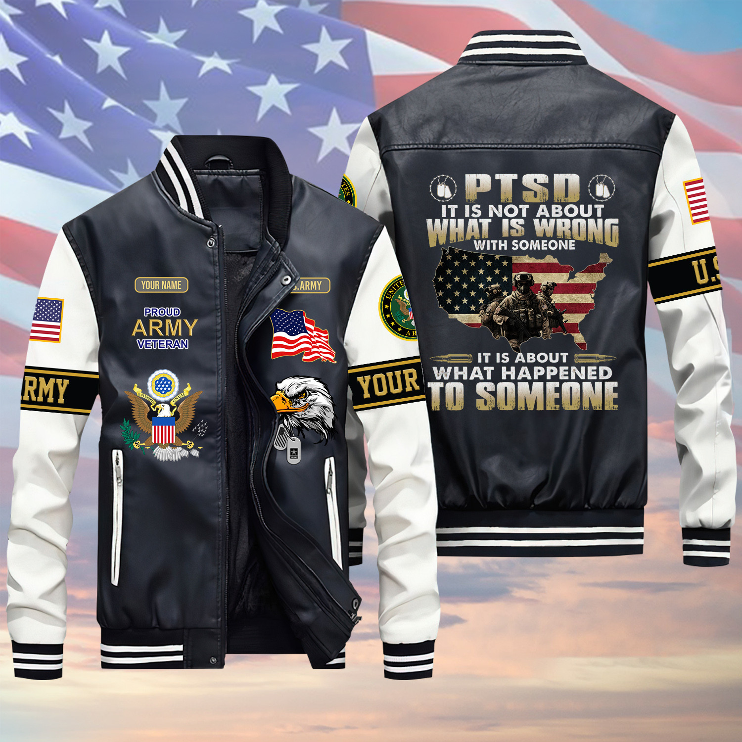 USA PTSD Is About What Happens To Someone US Army Veteran Green Winter Gear Leather Bomber Leterman Varsity Jacket