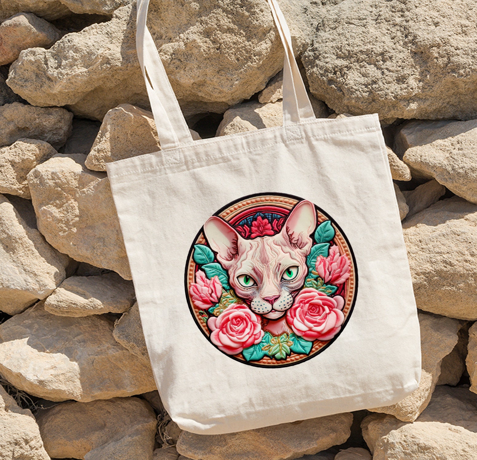 Flower Sphynx Cat Tote Bag, Floral Sphynx Cat Tote, Canadian Sphynx Cat Tote Bag, Aesthetic Tote Bag,Cat Art Canvas Tote Bag,Sphynx Tote Bag