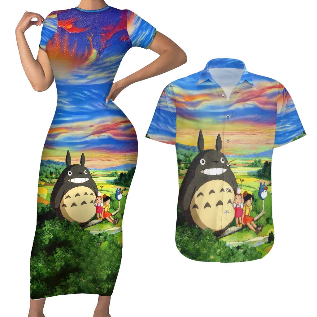 Teevintage - Graphic Tee - Trippy My Neighbor Totoro Studio Ghibli Couples Matching Short Sleeve Bodycon Dress And Hawaiian Shirt Anime Mix Oil Paint Trippy Style Ts04