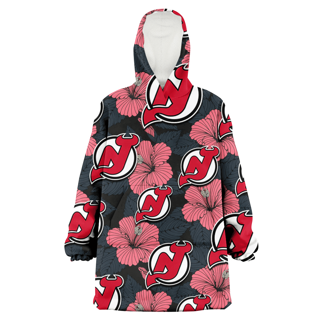 New Jersey Devils Light Coral Hibiscus Gray Leaf Black Background 3D Printed Hoodie Blanket Snug Hoodie