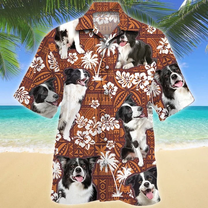 Beautiful Border Collie Dog Red Tribal Pattern Hawaiian Shirt, Border Collie Hawaiian Shirt Short Sleeve For Summer Trip Family