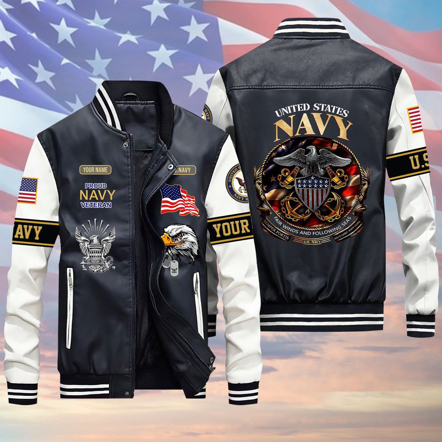 U.S Navy Veteran V1 Green Winter Gear Leather Bomber Leterman Varsity Jacket