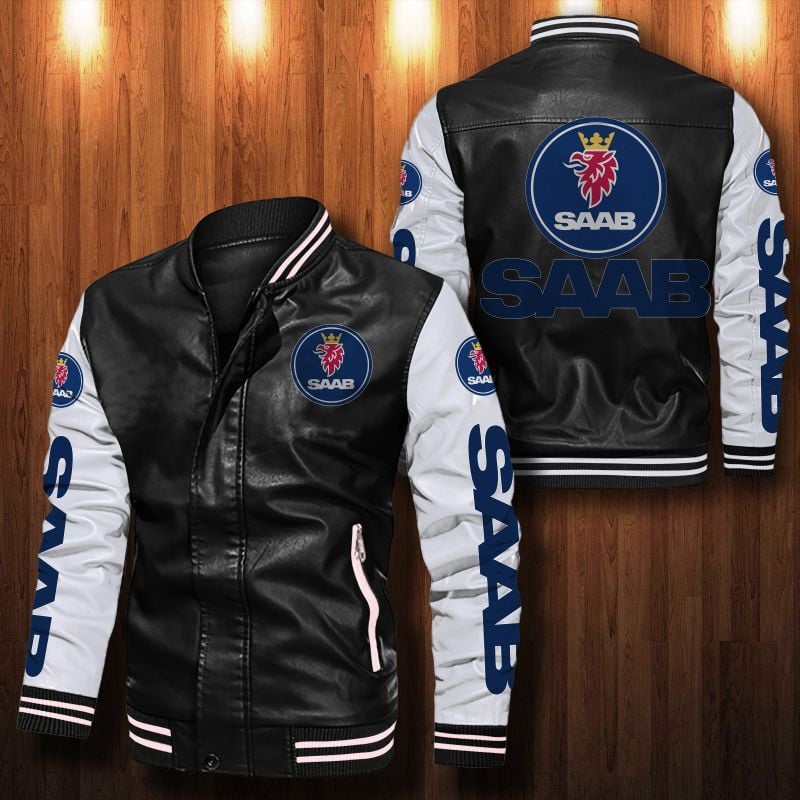 Saab Automobile Leather Varsity Jacket Bomber Coat