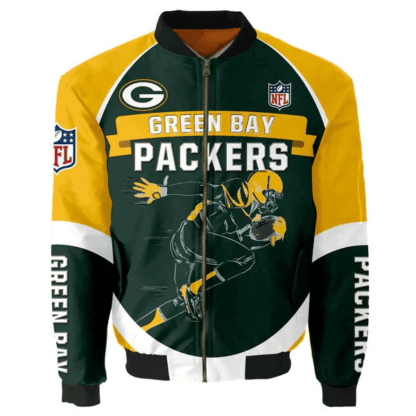 Green Bay Packers Team Logo Pattern Bomber Jacket Green And Yellow White