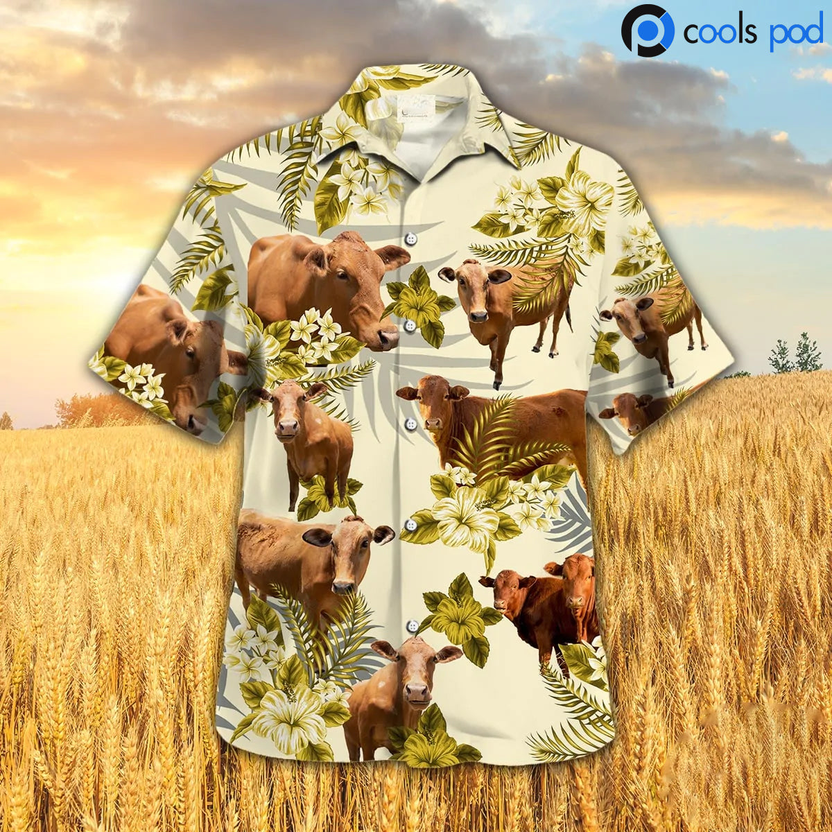 Beefmaster Hibiscus Hawaiian Shirt, Cute Yellow Farm Hawaii Shirts Short Sleeve