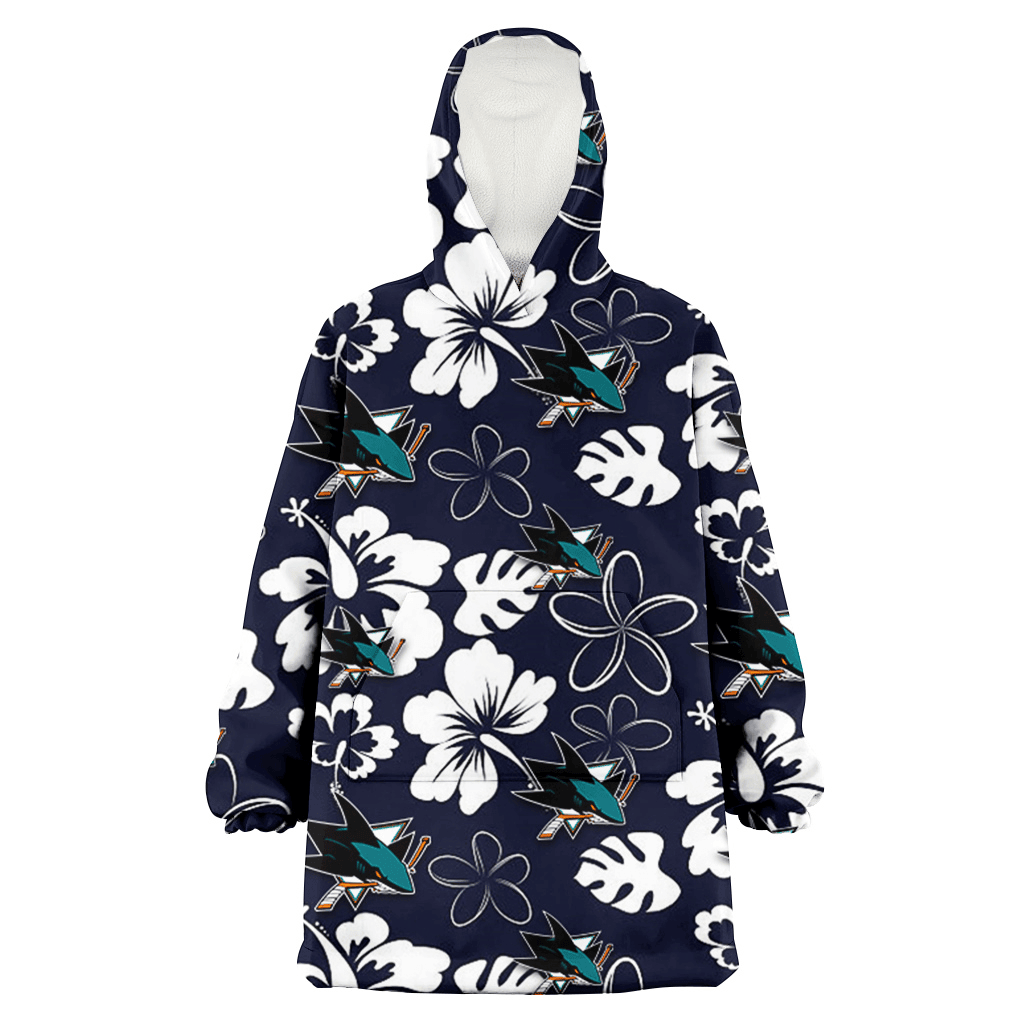 San Jose Sharks White Hibiscus Sketch Porcelain Flower Navy Background 3D Printed Hoodie Blanket Snug Hoodie