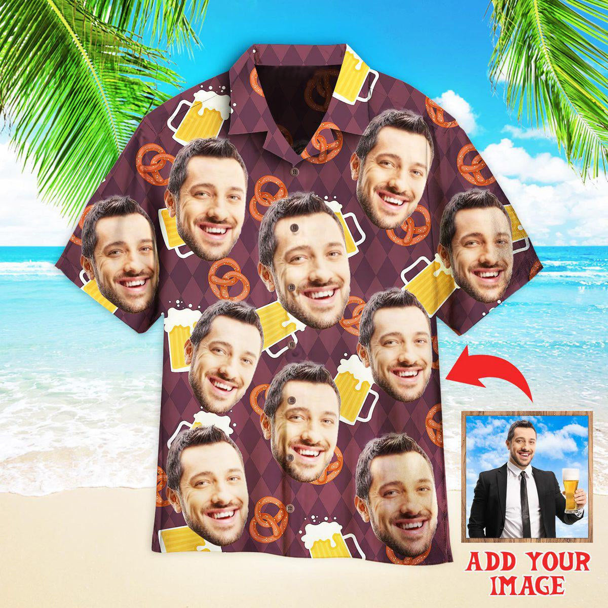 Custom Funny Face On German Beer And Pretzels Custom Hawaiian Shirt, Personalized Hawaiian Shirts, Custom Photo Hawaiian Shirt