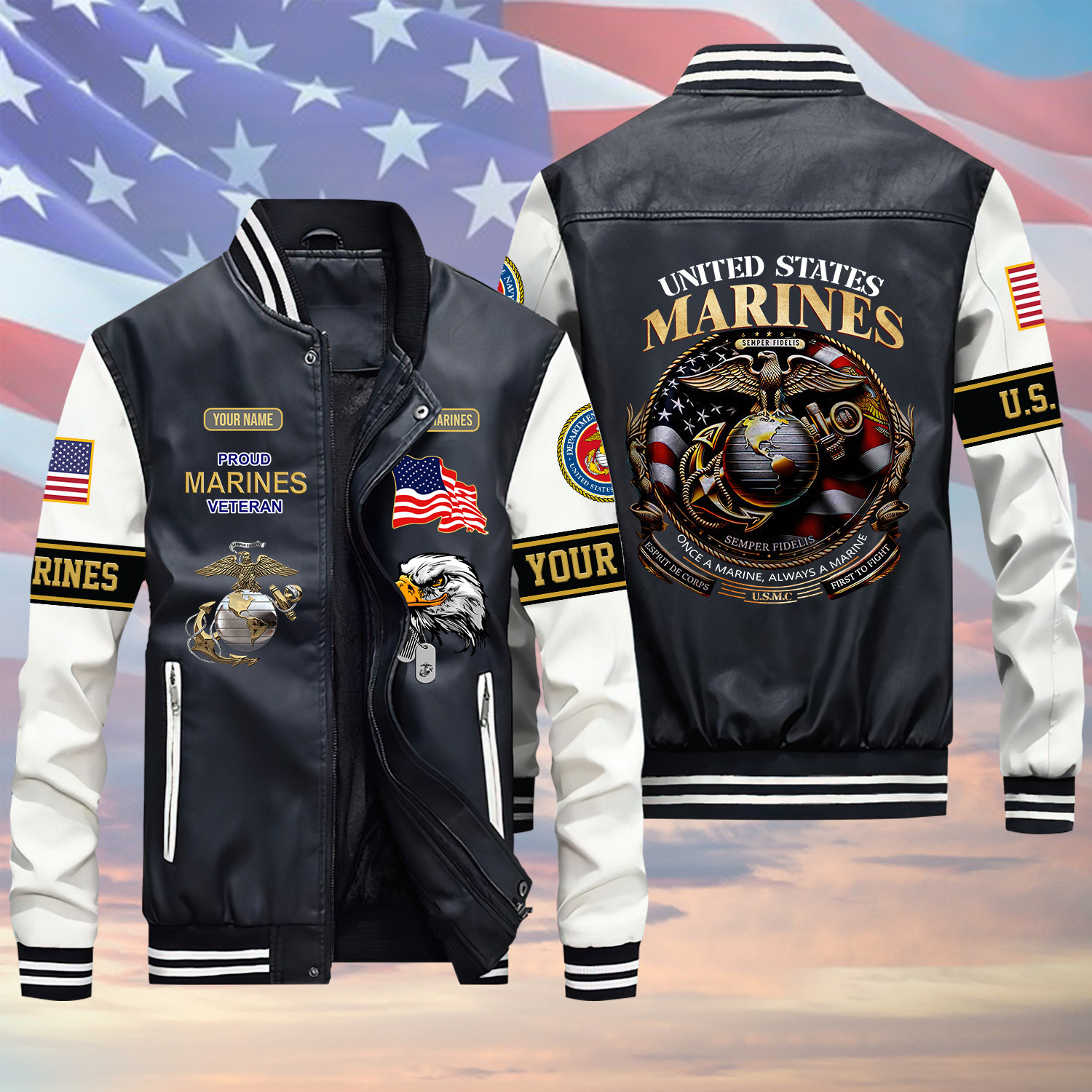 U.S Marine Veteran Retro Logo Proud Green Winter Gear Leather Bomber Leterman Varsity Jacket