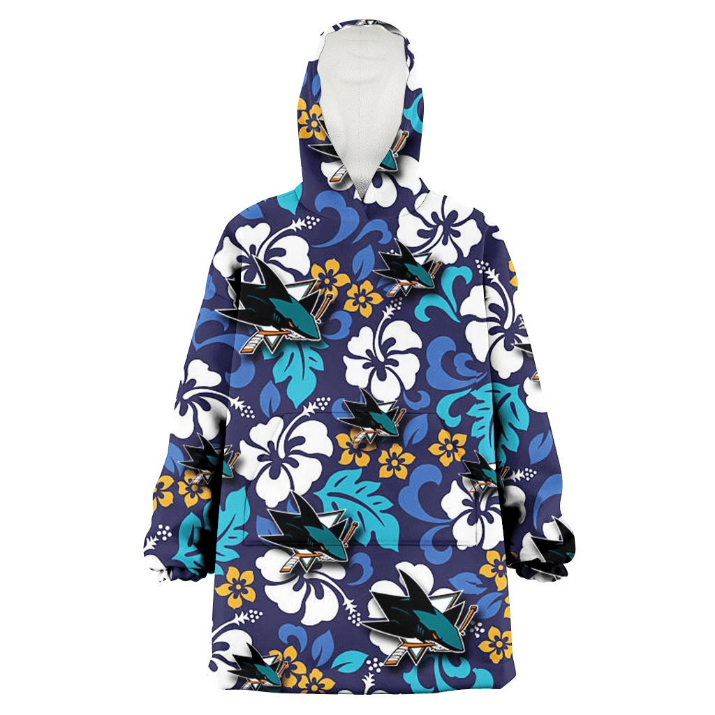 San Jose Sharks White Hibiscus Ceramic Style Navy Background 3D Printed Hoodie Blanket Snug Hoodie