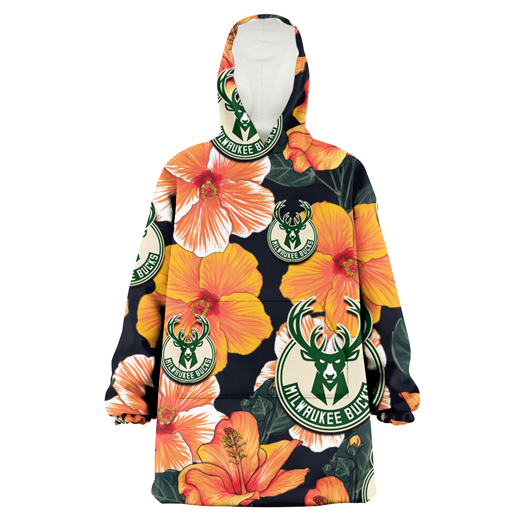 Milwaukee Bucks Orange Hibiscus Dark Green Leaf Black Background 3D Printed Hoodie Blanket Snug Hoodie