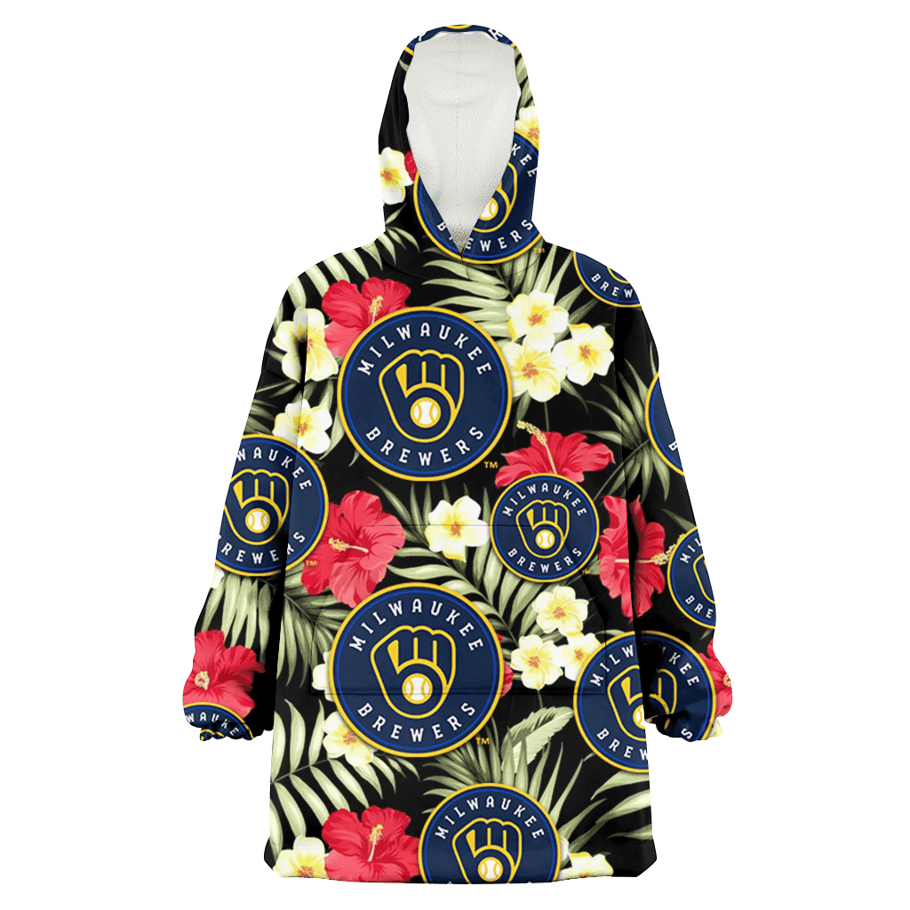 Milwaukee Brewers Red Hibiscus Yellow Porcelain Flower Black Background 3D Printed Hoodie Blanket Snug Hoodie