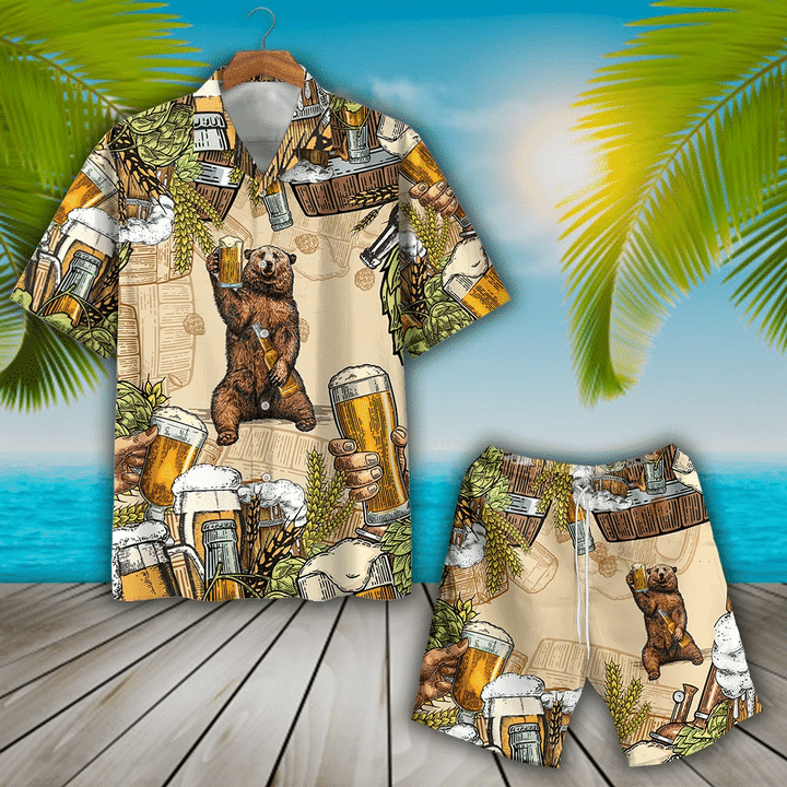 Funny Bear With Beer Party Hawaiian Shirt, Bear Drinking Beer Summer Hawaiian Shirt