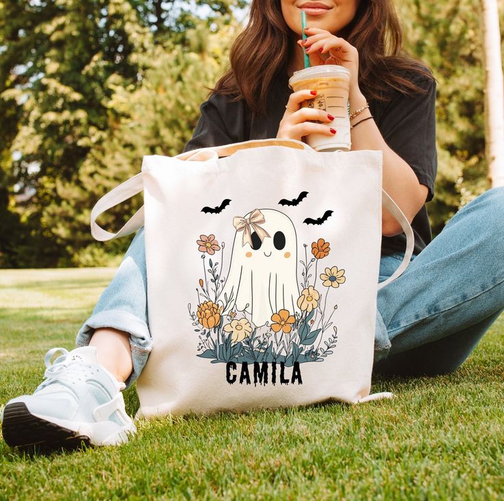 Elegant Halloween Trick or Treat Bag Personalized Ghost Coquette Floral Tote Bag, Custom Name Reusable Halloween Tote, Cute Floral Design., Best Tote Bags Ideas, Cute Tote Bags Ideas, Tote Bag Design Ideas, Girls Tote Bag, Best Canvas Tote Bags Ideas