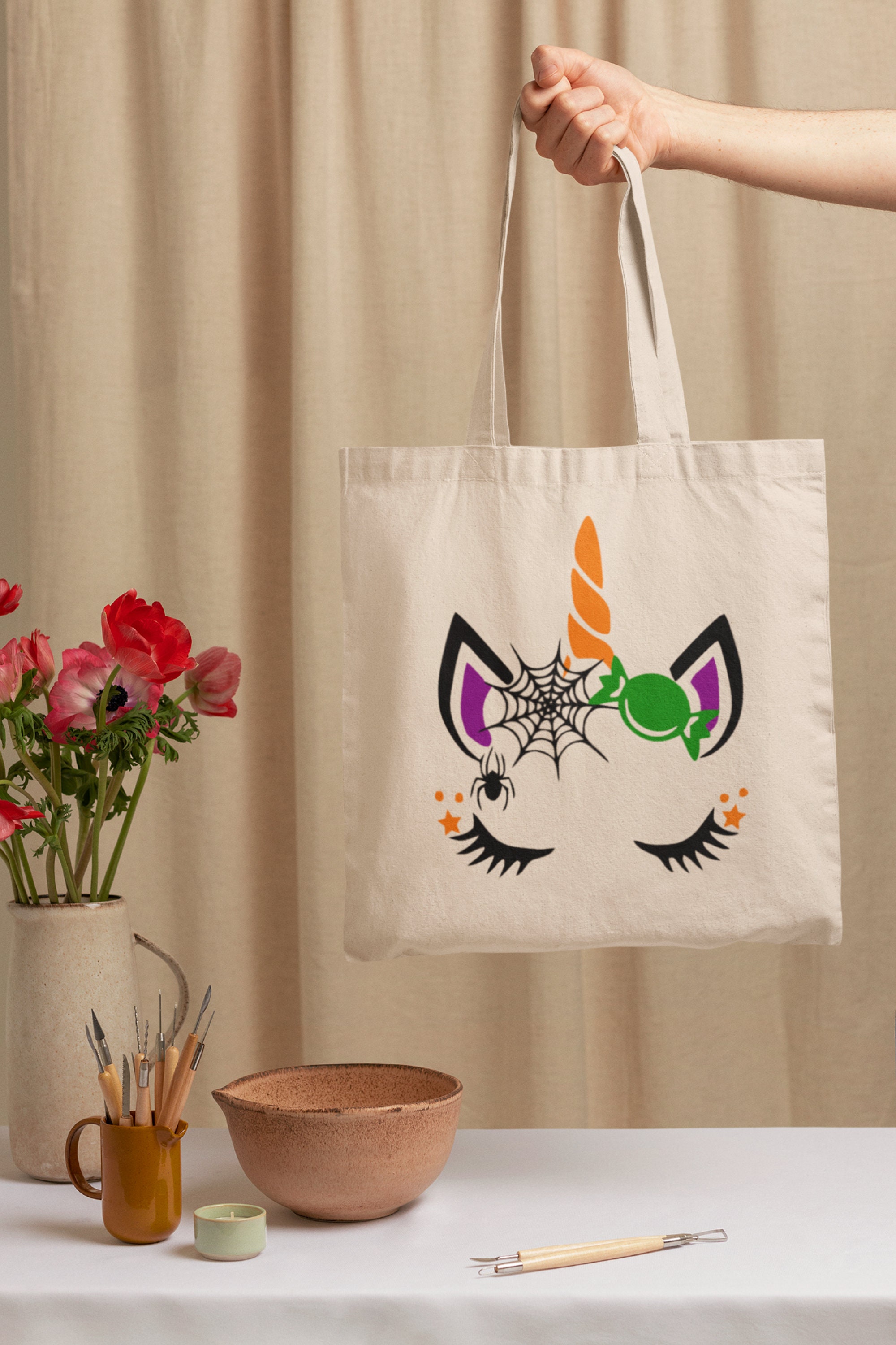 Halloween Unicorn Canvas Tote Bag | Halloween Tote Bag | Girl Boo Tote Bag | 15.75″h x 15.25″w | Sustainable Bag | Shopping Bag