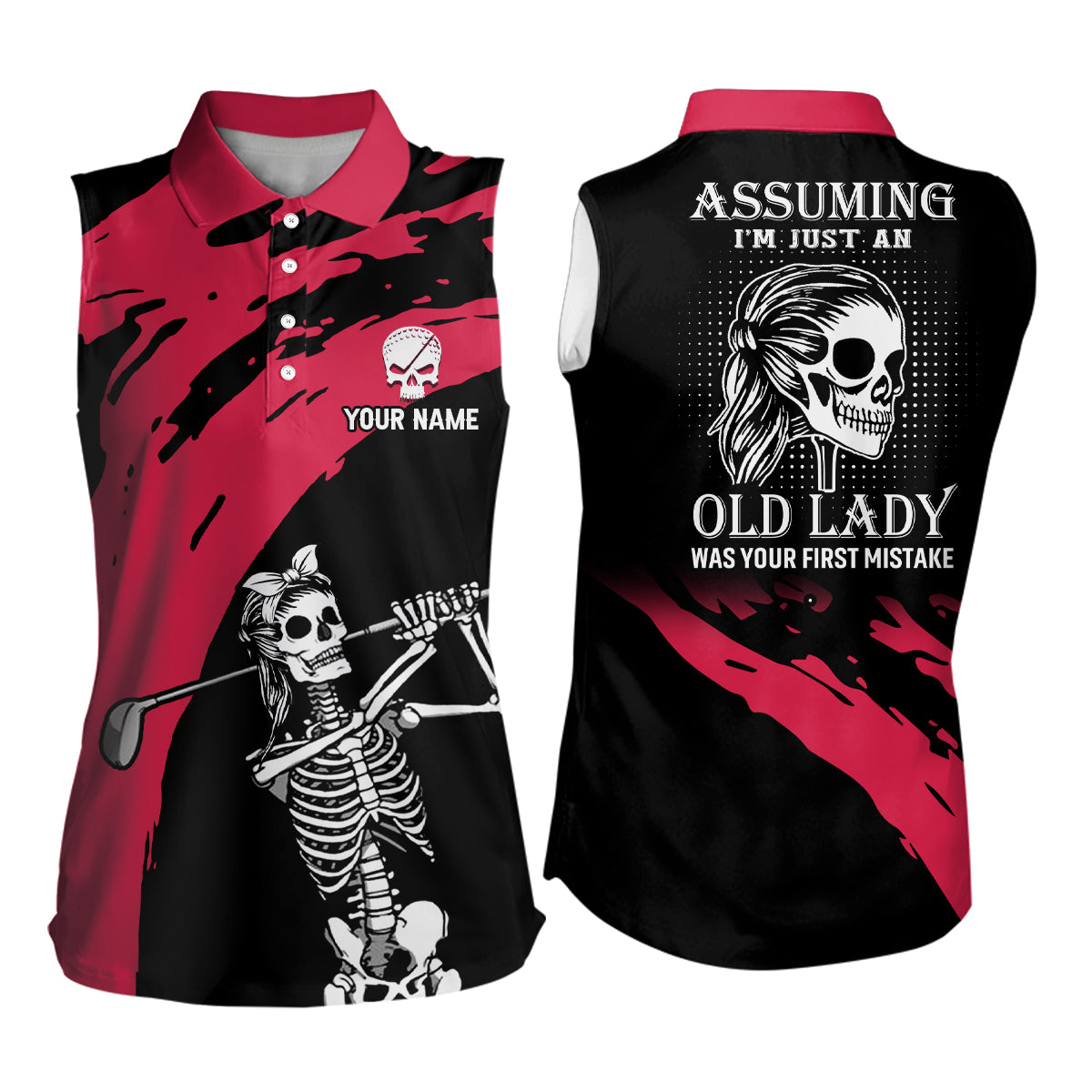 Red And Black Womens Sleeveless Skull Golf Polo Shirts Custom Golf Polos For Women, Crazy Golf Gifts Ldt0152 Livingtee