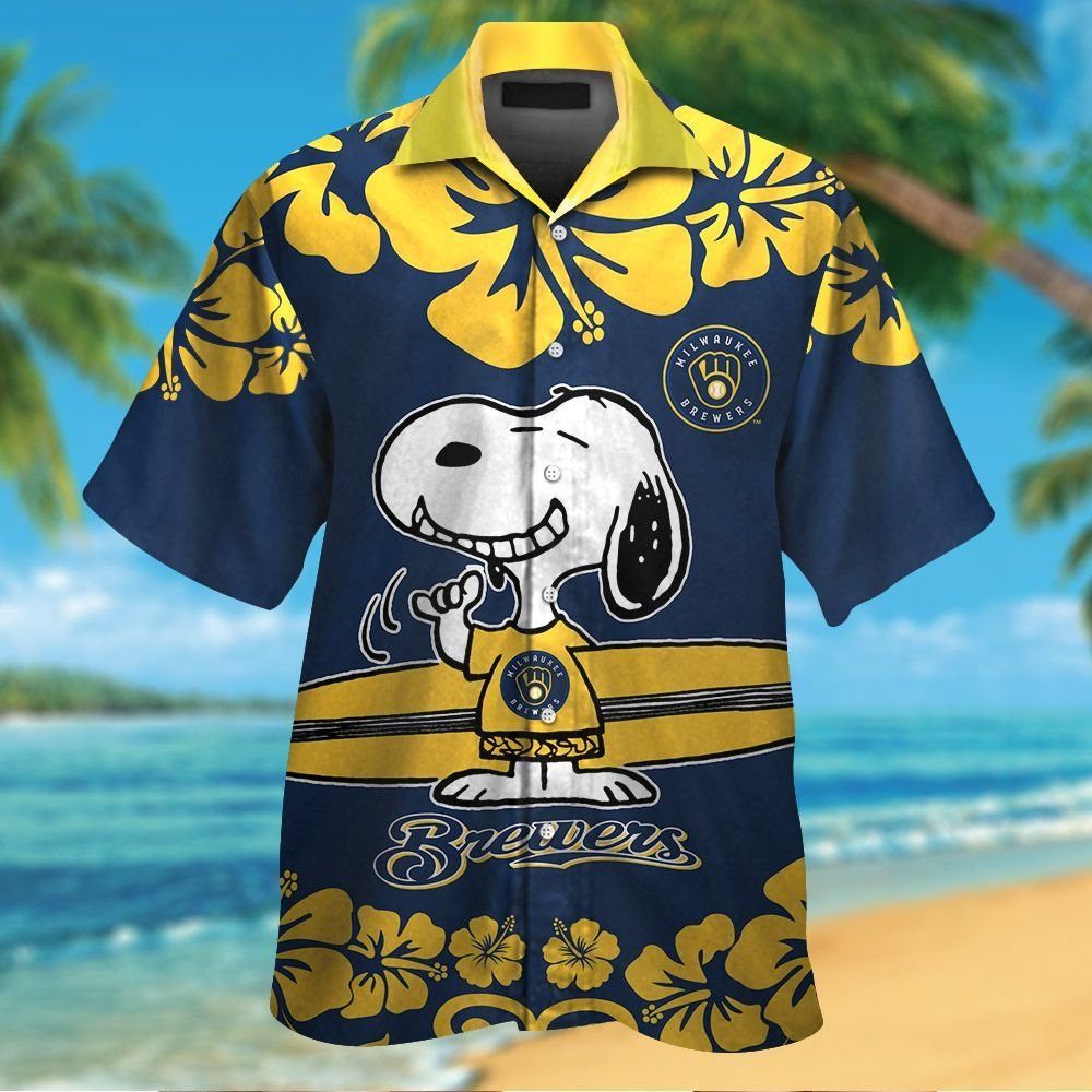 Milwaukee Brewers Snoopy Short Sleeve Button Up Tropical Hawaiian Shirt