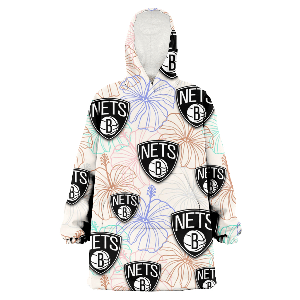 Brooklyn Nets Sketch Pastel Hibiscus Beige Background 3D Printed Hoodie Blanket Snug Hoodie