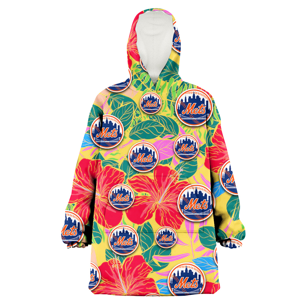 New York Mets Red Hibiscus Green Blue Leaf Yellow Background 3D Printed Hoodie Blanket Snug Hoodie