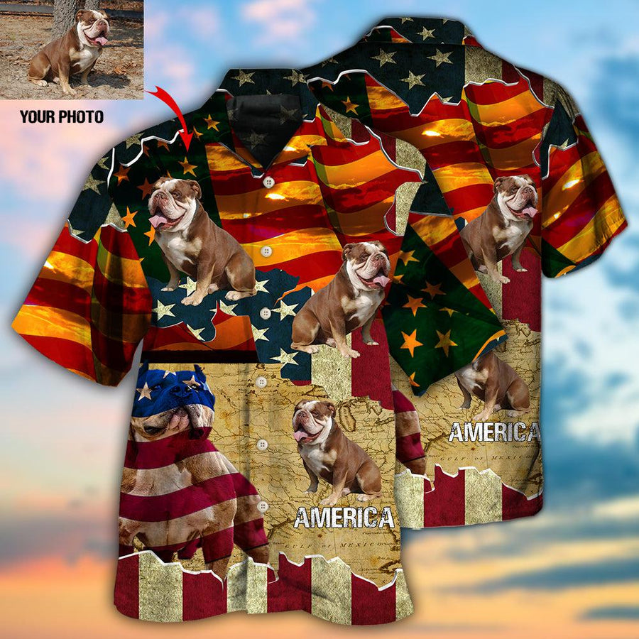 English Bulldog America Sunset Custom Photo Hawaiian Shirt, Gift For Dog Lover, Flag Shirt