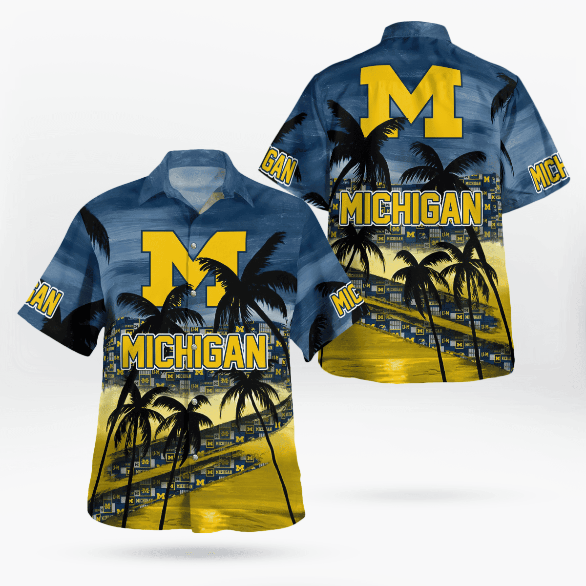 Michigan Wolverines Ncaa Team Logo Blue Tropical Palm Trees 3D Hawaiian Shirt