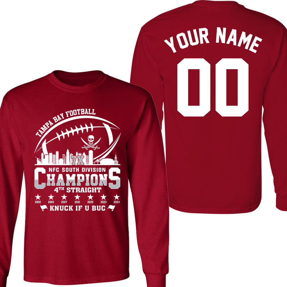Tshirtcustom - Comfortable Long Sleeve - Tampa Bay Football 2024 Nfc South Division Champions Skyline 2 Sided Long Sleeve Shirt - 2024 Nfc South Champs Custom Double Sided Long Sleeve Shirts