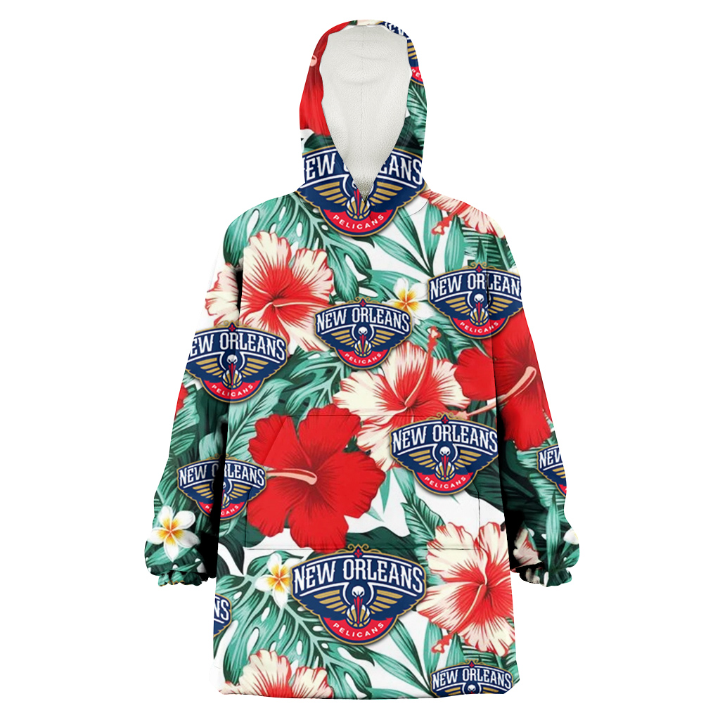 New Orlean Pelicans Red Coral Hibiscus White Porcelain Flower Banana Leaf 3D Printed Hoodie Blanket Snug Hoodie