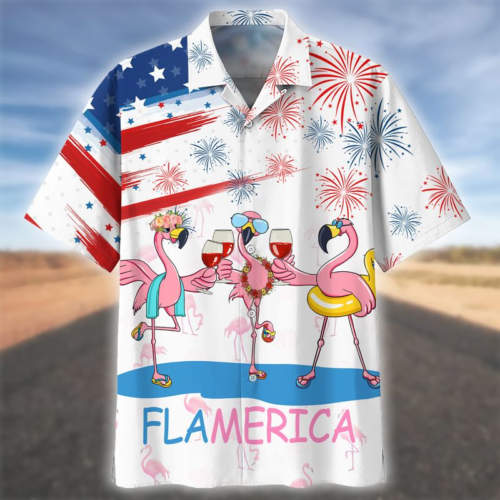 Flamingo Wine Flamerica 4Th Of July Independence Day Hawaiian Shirt