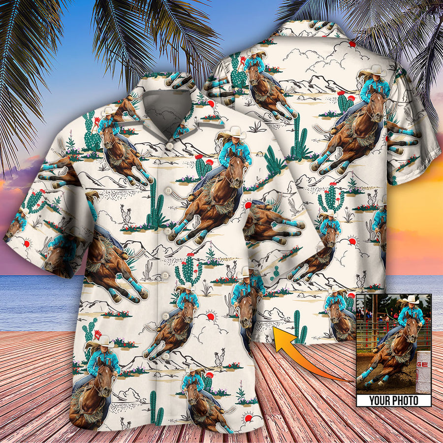 Cowboy Barrel Racing Tropical Desert Custom Photo Hawaiian Shirt, Perfect Gift For Men Women, Horse Shirt