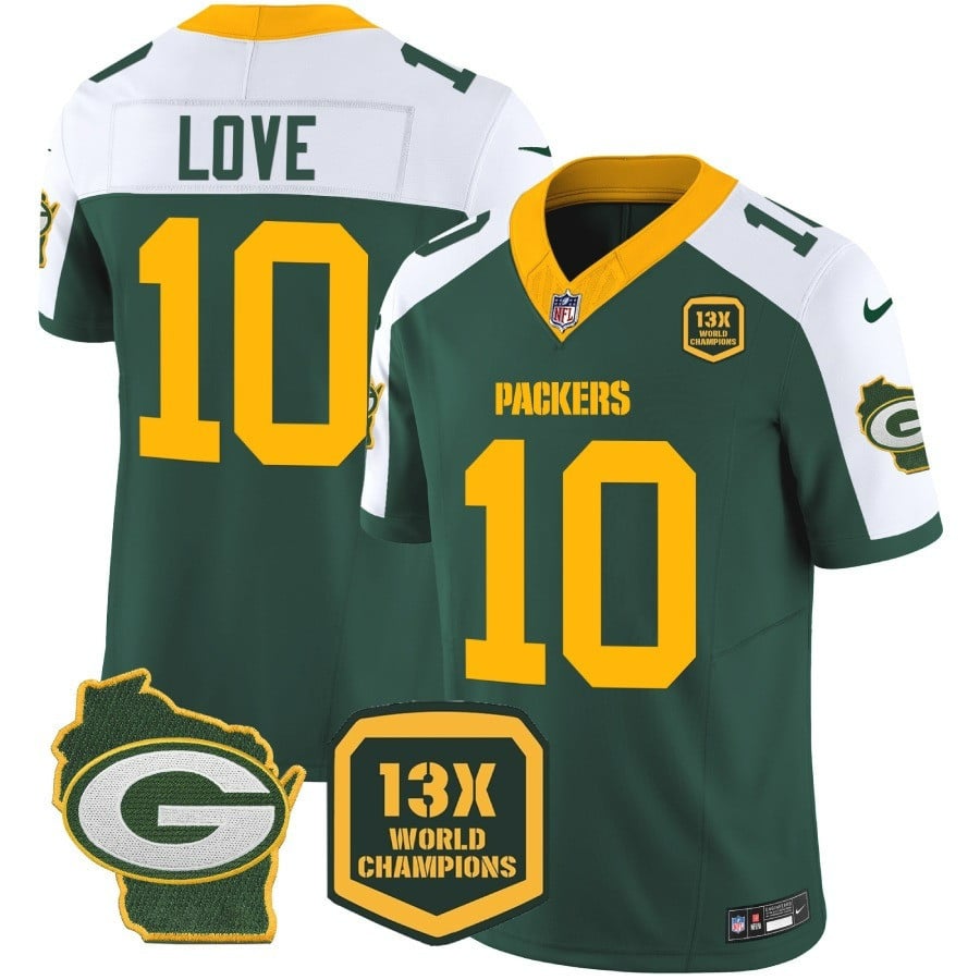 Men’S Packers 13 Time World Champions & Home Patch Vapor Jersey – All Stitched