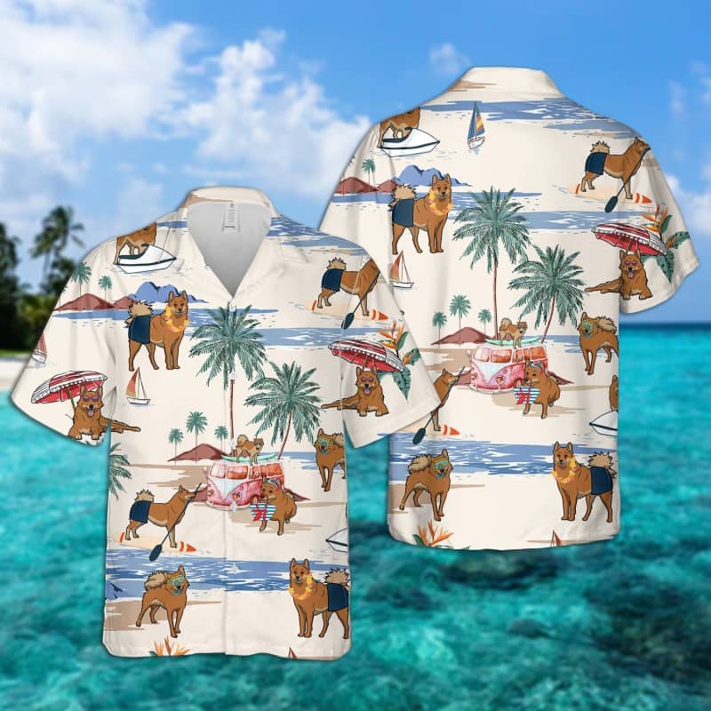 Finnish Spitz Summer Beach Hawaiian Shirt, Dog Beach Short Sleeve Hawaiian Shirt