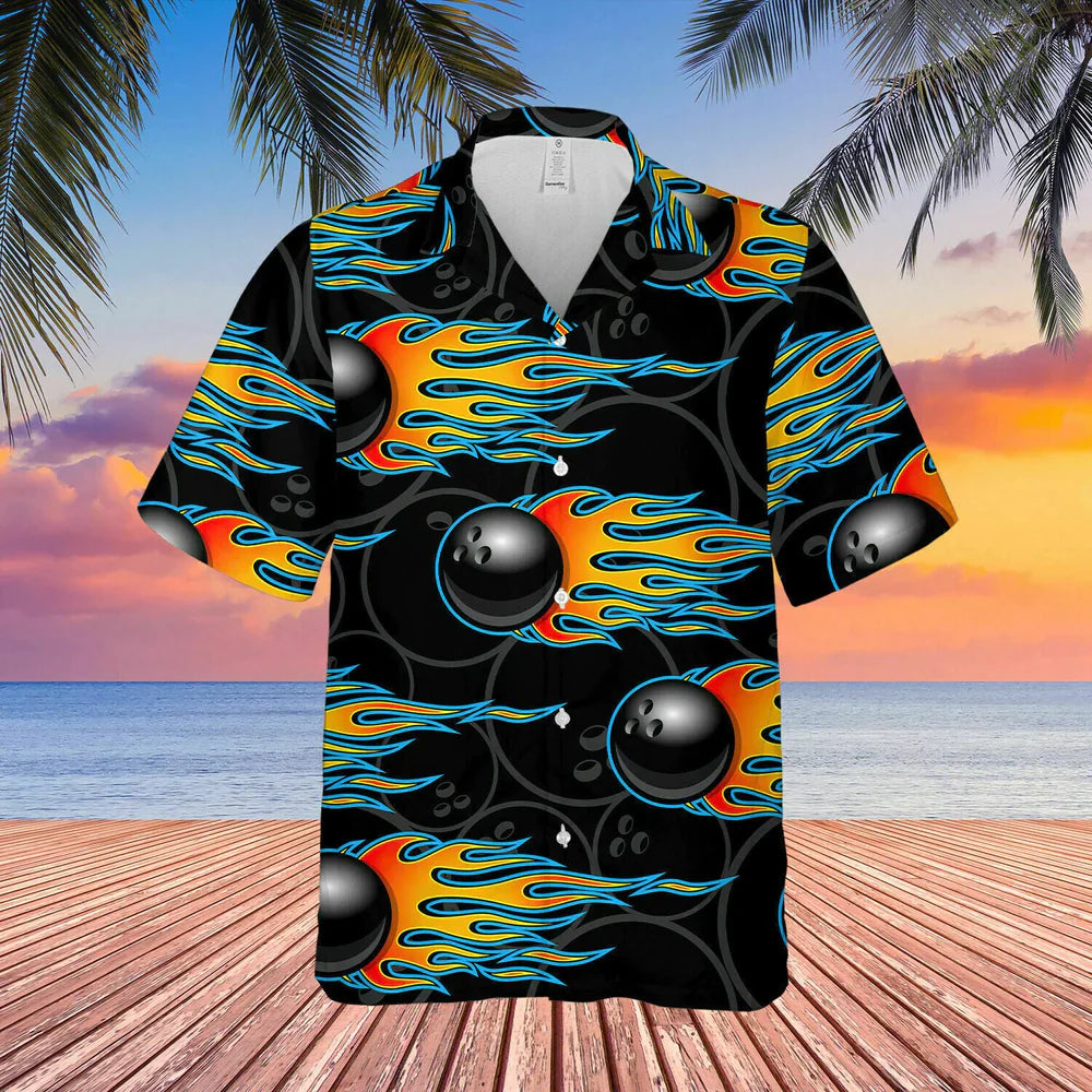 3D The Fire Bowling Black Unisex Hawaiian Shirt, Bowling Shirt, Gift For Bowling Lovers