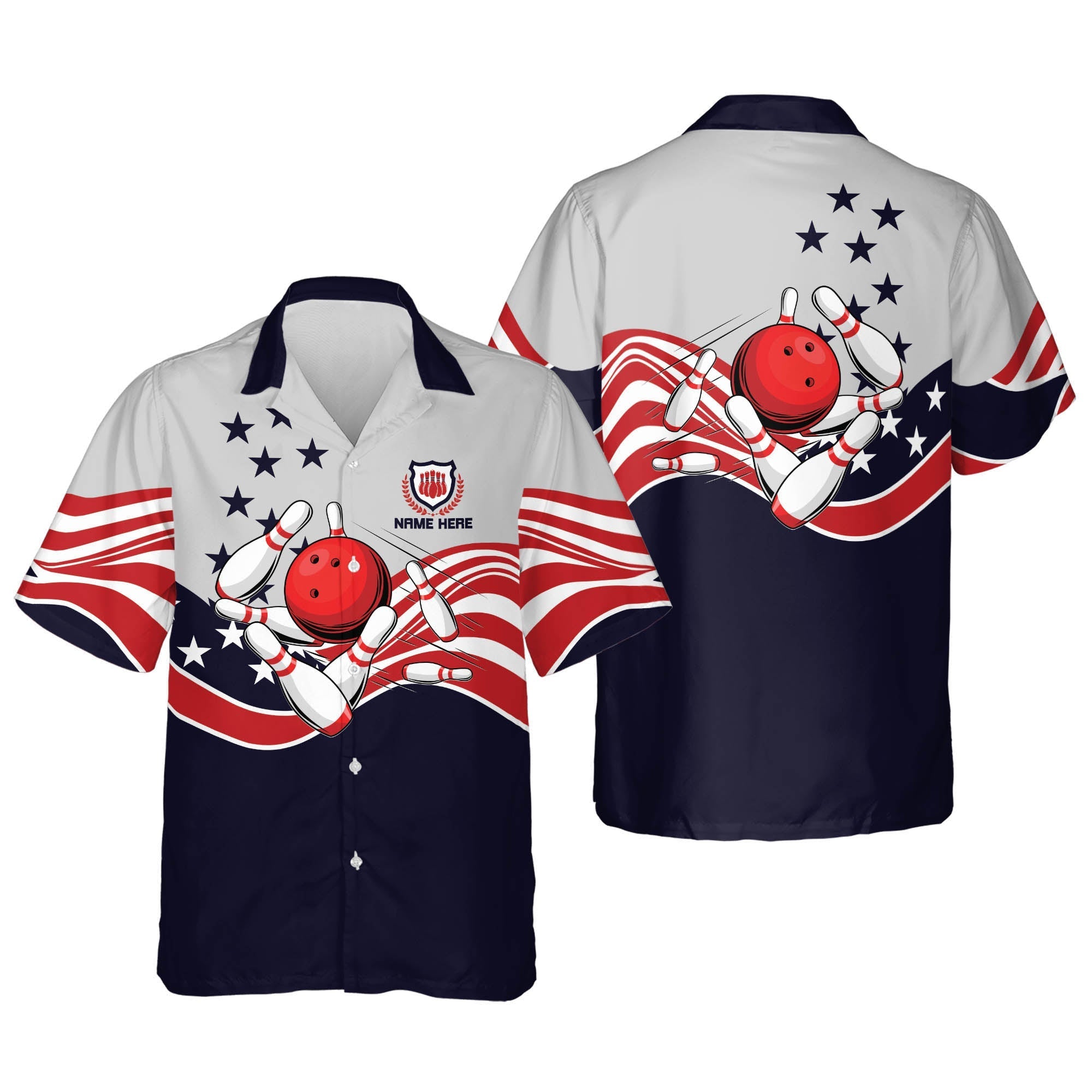 Usa Bowling Button-Down Short Sleeve Hawaiian Shirt, Custom Name Bowling 3D Shirt