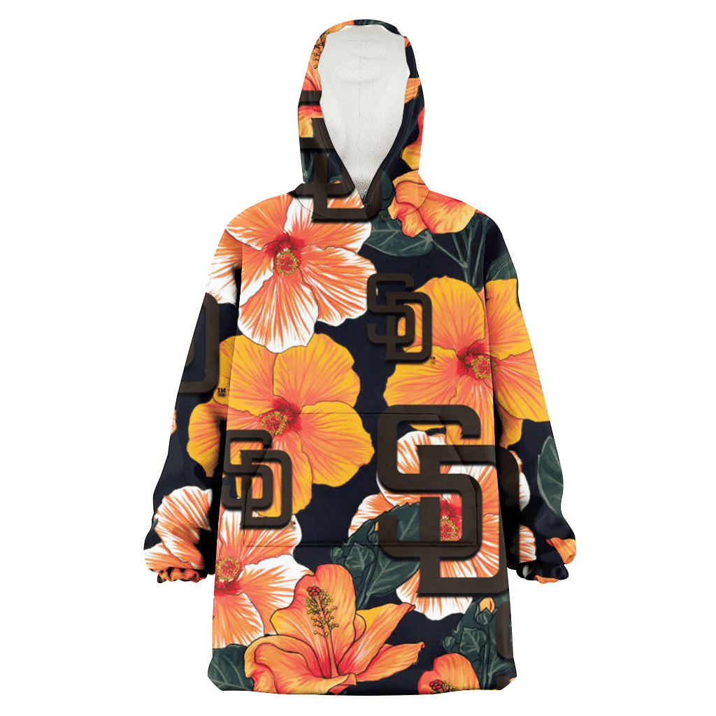 San Diego Padres Orange Hibiscus Dark Green Leaf Black Background 3D Printed Hoodie Blanket Snug Hoodie