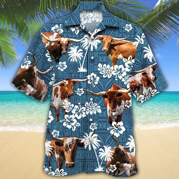 Tx Longhorn Cattle Lovers Blue Tribal Hawaiian Shirt