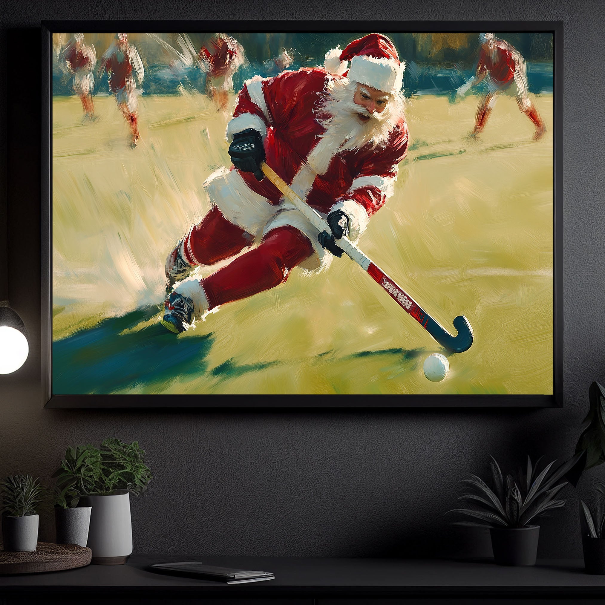 Funny Christmas Santa Claus Playing Field Hockey Style Canvas Painting, Sports Wall Art Decor, Xmas Poster Gift For Field Hockey Lovers , Halloween Outfits, White Lie Shirts, Fall Shirts, Family Christmas Shirts, Fall Outfits Women by Teehavenhub Conertees