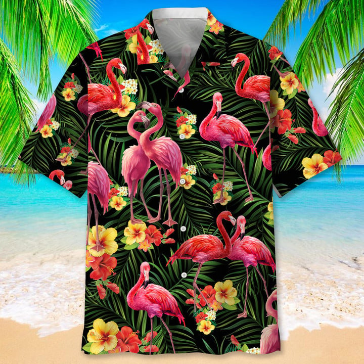 Flamingo Nature Tropical Hawaiian Shirt, Short Sleeve Summer Vacation Beach Shirts For Men