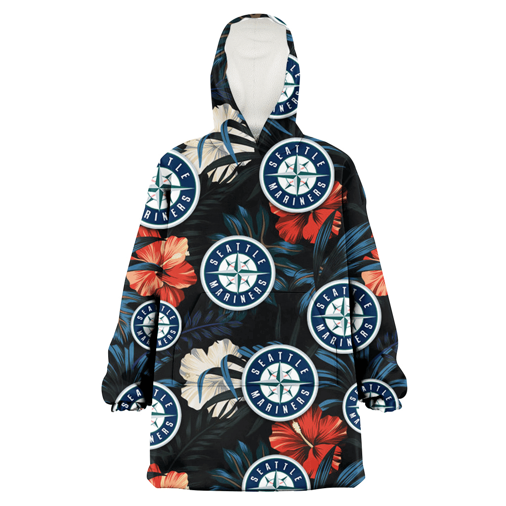 Seattle Mariners Red And White Hibiscus Dark Leaf Black Background 3D Printed Hoodie Blanket Snug Hoodie