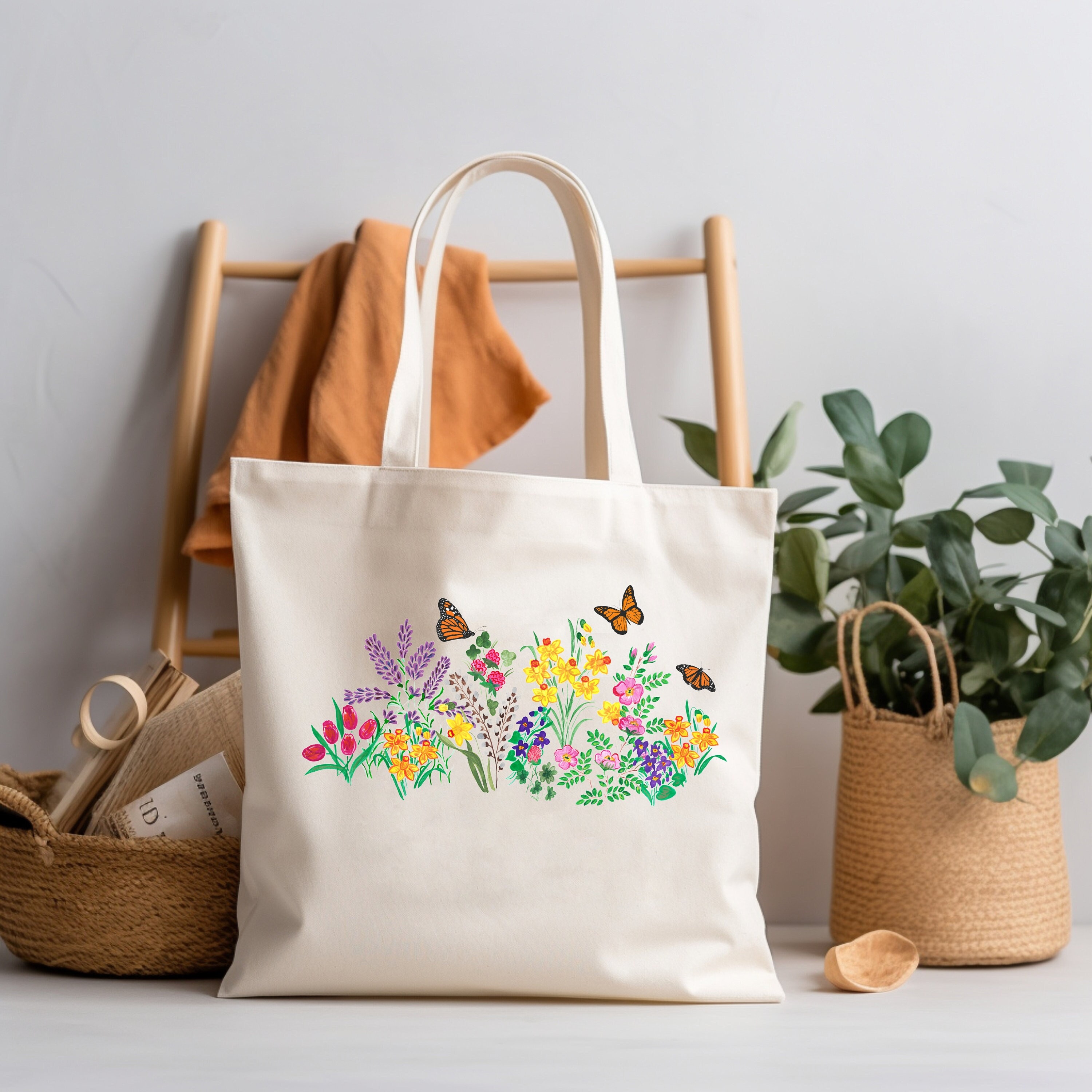 Floral Tote Bag, Shoulder Bags, Wildflower Tote Bag, Butterfly Tote Bag, Daisy Tote Bag, Garden Bag, Plant Women Tote Bag, Christmas Gift