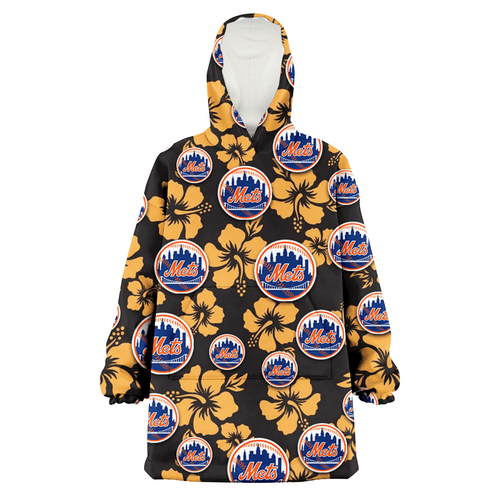 New York Mets Tiny Yellow Hibiscus Black Background 3D Printed Hoodie Blanket Snug Hoodie