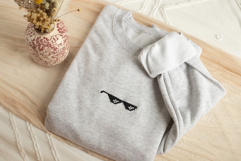 Embroidered Pixelated Sunglasses Sweatshirt, Embroidered Gamer Crewneck, Cute Sweatshirts for Women, Trendy Crewneck, Funny Gifts for Him