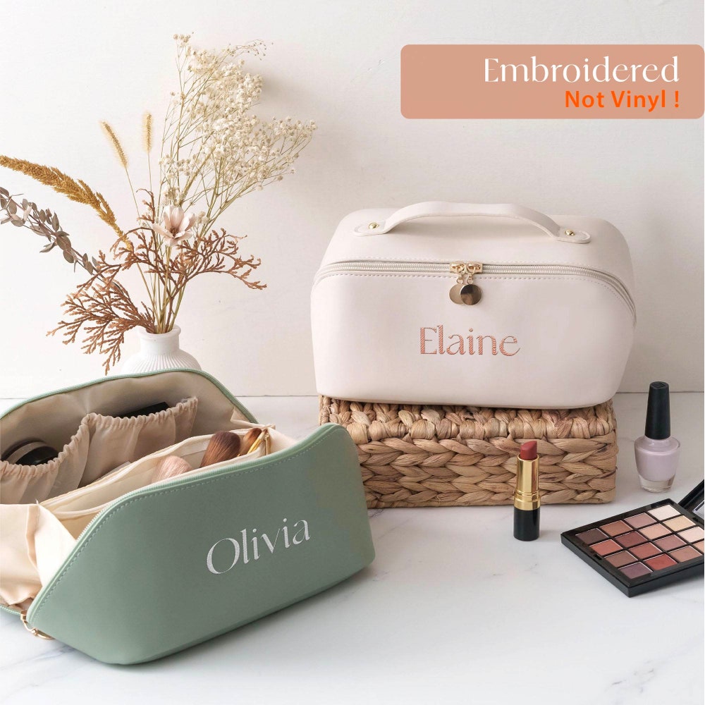 Bride Large Makeup Bag, Leather Embroidered Makeup Bag, Christmas Gift Women, Makeup Organizer, Bridesmaid Gift Name, Bridesmaid Gifts , Fall Outfit Ideas, Product By Teeblend Store Everstyletees